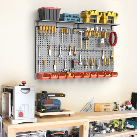 Metal Pegboard Organizer With Hooks Wall Mounted Tool Storage System With Shelves And Bins in a workshop setting