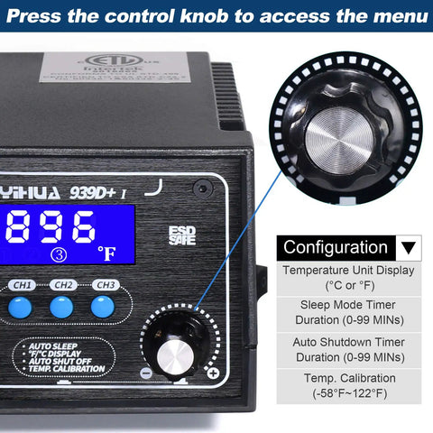 Close-up of controls on Upgraded 939D I Soldering Station Pro Grade 75W with 3 Memory Presets and C/F LCD Display.
