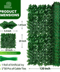 Product dimensions diagram of the Artificial Ivy Privacy Fence Screen 120 By 40 Inches Ultra Dense 1200 Leaf Faux Ivy Panels.