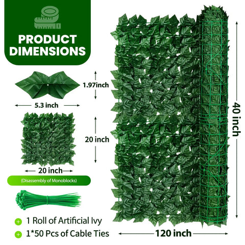 Product dimensions diagram of the Artificial Ivy Privacy Fence Screen 120 By 40 Inches Ultra Dense 1200 Leaf Faux Ivy Panels.