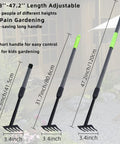 Adjustable Handle Hand Rake for Weeding and Tilling, showing three extendable lengths with soft foam grip, 3.4-inch head.