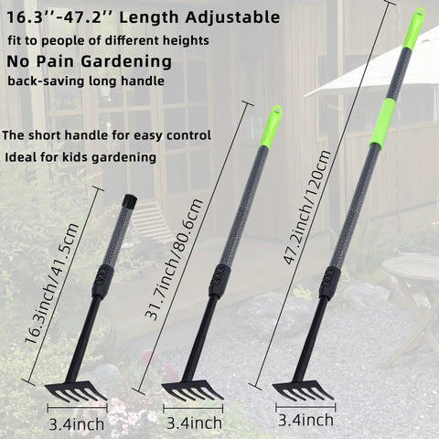 Adjustable Handle Hand Rake for Weeding and Tilling, showing three extendable lengths with soft foam grip, 3.4-inch head.