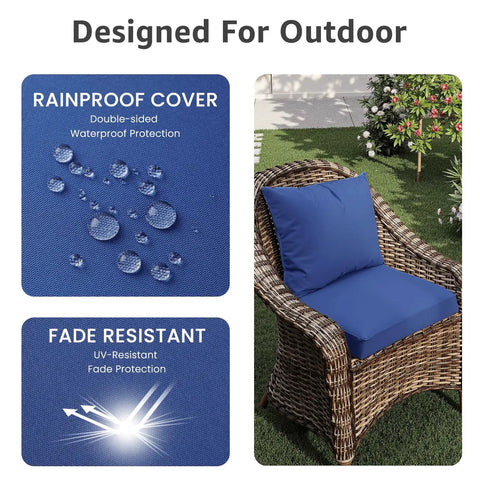 Outdoor Seat Cushion Set 24 X 24 X 4 Inch Waterproof And Fade Resistant Cushions in blue on a patio chair.