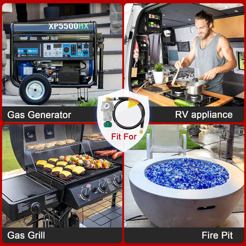 GasSaf propane regulator with 3ft hose and 3/8 flare nut; shown with four items: RV appliance, grill, generator, fire pit