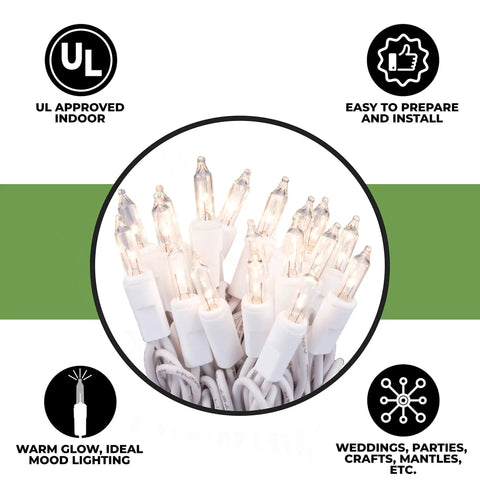 Clear Christmas String Lights On White Wire Cord, 35 Clear Lights, Indoor Use Only, UL Approved, 7.5 Ft Total Length bundle