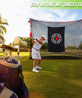 Golfer using Golf Target Hitting Cloth For Backyard Practice, 5 By 4 Feet, Black, Portable And Foldable, on a sunny course.
