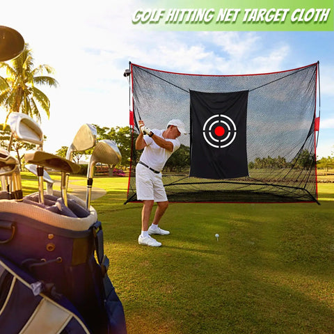 Golfer using Golf Target Hitting Cloth For Backyard Practice, 5 By 4 Feet, Black, Portable And Foldable, on a sunny course.