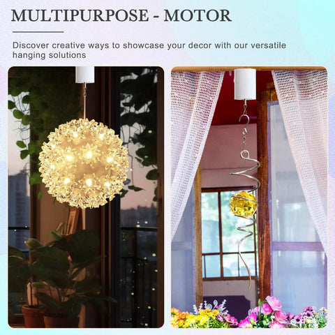 Disco Ball Motor With Dope Remote Control, Battery Powered Spinner For Hanging Displays, Wind Spinners, Spiral Tails, Sun Catchers, Garden Decor, Patio Yard Ornament, Easy Setup, 10 RPM white motor hanging a disco ball indoors