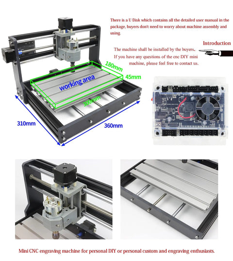 3 Axis DIY CNC Router Kit With GRBL Offline Controller, showing aluminum frame and 18x10x4.5 cm working area for engraving.
