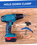 Blue and black drill next to Woodworking T Track Hold Down Clamp With Quick Act Pressure Plate for jigs and fixtures on wood surface.