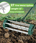 17 Inch Heavy Duty Rolling Lawn Aerator With Sharp Spikes And Anti Slip Handle features 27 tine metal spikes for lawn care