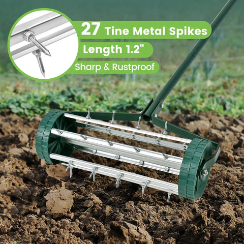 17 Inch Heavy Duty Rolling Lawn Aerator With Sharp Spikes And Anti Slip Handle features 27 tine metal spikes for lawn care