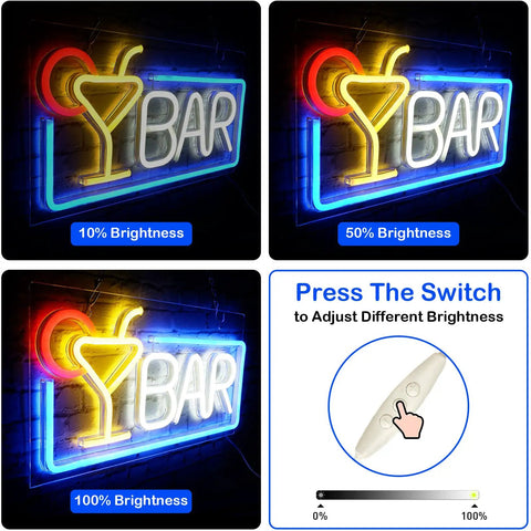 USB Powered Dimmable Neon Bar Sign For Home Pub Or Man Cave Wall Decor showing brightness levels and dimmer switch control.