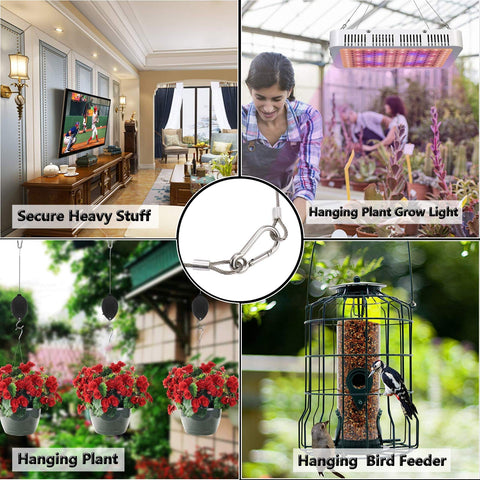 Heavy Duty Stainless Steel Safety Cable Lock With Loops And Carabiner used in home, garden, plant hanging, and bird feeder settings