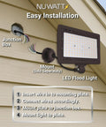 Installation diagram of 90W LED Flood Light with 3CCT 3000K 4000K 5000K Selectable, IP65 Waterproof Outdoor Security Floodlight, Dimmable 0-10V, 120-277V, Bronze Finish, Adjustable Knuckle Mount, 12600 Lumens on a building siding.