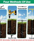 Trampoline Anchors Kit 4 Pack With 18-Inch Ground Stakes showing four methods of use with wrench, drill, bar, and T-handle.