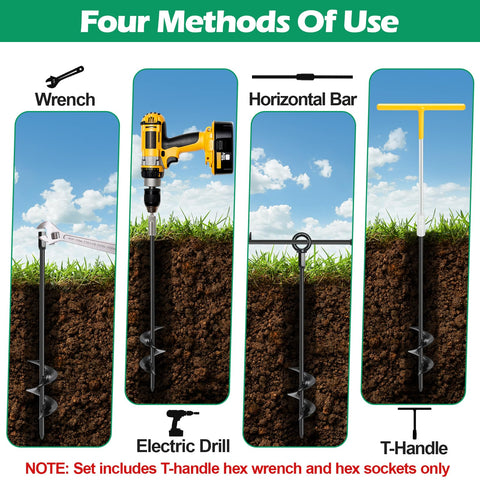 Trampoline Anchors Kit 4 Pack With 18-Inch Ground Stakes showing four methods of use with wrench, drill, bar, and T-handle.