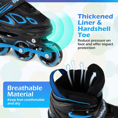 Close-up of navy adjustable kids inline skates with four size settings and bright light up wheels, breathable material shown.