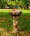 Sunflower Themed Resin Bird Bath For Outdoors And Gardens With Owl Pedestal And Ladybug Accent 8.66 Inch Lightweight Bowl