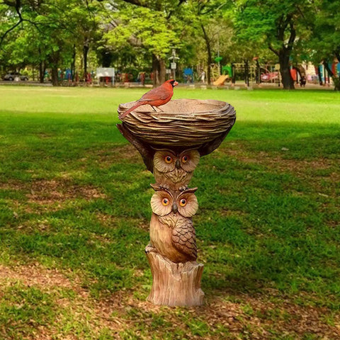 Sunflower Themed Resin Bird Bath For Outdoors And Gardens With Owl Pedestal And Ladybug Accent 8.66 Inch Lightweight Bowl