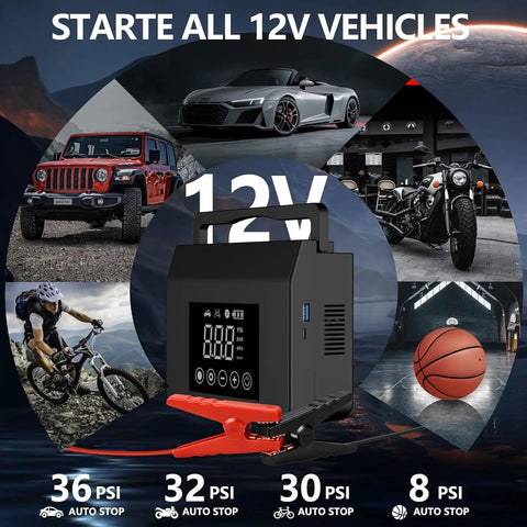 Beefy 4000A Jump Starter With Air Compressor for cars and trucks, shown with capability to start all 12V vehicles.