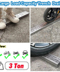 Durable 304 Stainless Steel Trench Drain Kit for Outdoor Driveways, with narrow channel drain covers, shown supporting weight.