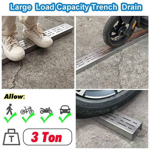 Durable 304 Stainless Steel Trench Drain Kit for Outdoor Driveways, with narrow channel drain covers, shown supporting weight.