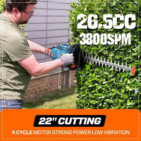 Man using Gas Powered Hedge Trimmer With 26.5cc Engine, 22 Inch Cut Dual Action Blades For Clean, Fast Cuts On Thick Hedges
