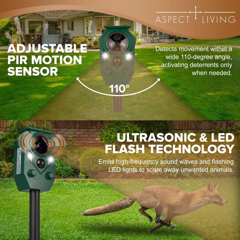 Two Pack Solar Ultrasonic Animal Repellers With Motion Sensor For Outdoor Yards And Gardens, humane green stake device with 110° PIR sensor