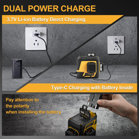 Charging setup for 3 X 360 Degree Laser Level With Tripod Do It All Rechargeable 82 Ft Cross Line Green Laser Self Leveling