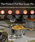 Mini Titanium Perfect Pot Pro 2.75 Qt Cooking Pot With Lid And Silicone Spoon, PFAS-Free, filled with rice on a dining table.