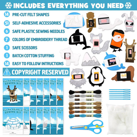 Contents of Polar Animals Sewing Kit For Kids Make Your Own Winter Felt Plush Toys With 14 Creative Projects and tools