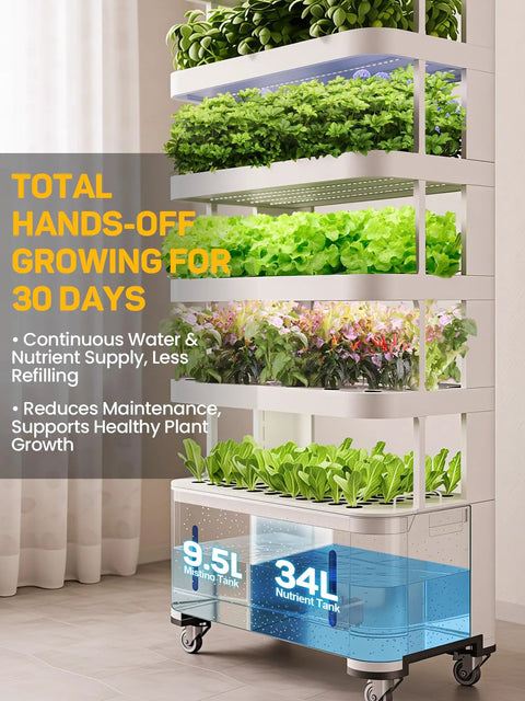 Massive Vertical Hydroponic Growing System With 148 Pod Indoor Garden Tower on wheels, full spectrum grow lights visible