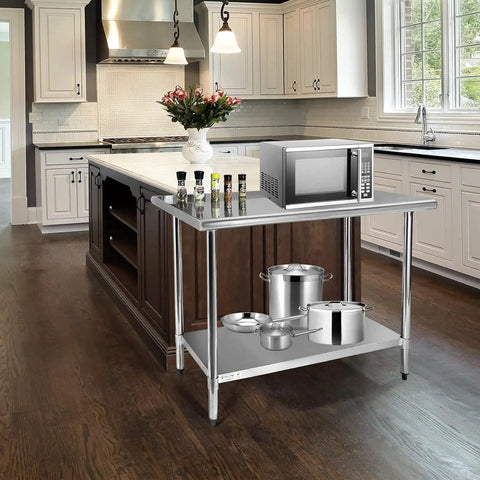 Stainless Steel Prep Table 24x36 Inches With Adjustable Undershelf in kitchen, holding microwave and cookware, NSF Certified.