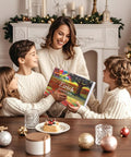 Family in cozy sweaters by fireplace exchanging a personalized gift.