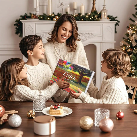 Family in cozy sweaters by fireplace exchanging a personalized gift.