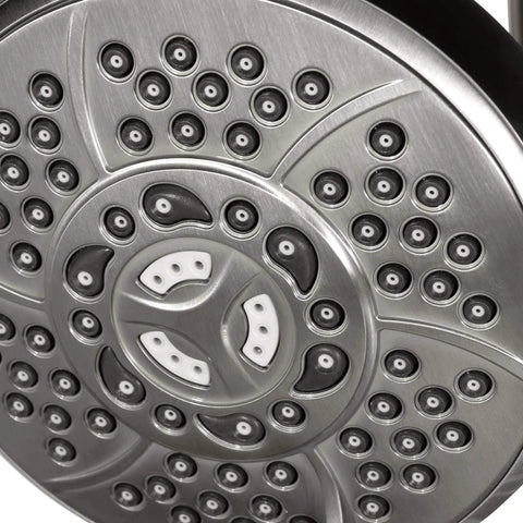 Close-up of nozzle of AquaBar Shower System With 5 Function Hand Shower Slide Bar Brushed Nickel Finish No Drill Surface Mounted Retrofit