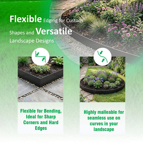 Heavy Duty Galvanized Steel Landscape Edging Kit With Six Stakes For Lawn And Garden Borders, 20 Ft Total Length, 40 Inch Long By 6 Inch High, Rust Resistant Hammer In Border For Durable Yard Landscaping showing flexible bending and curved use