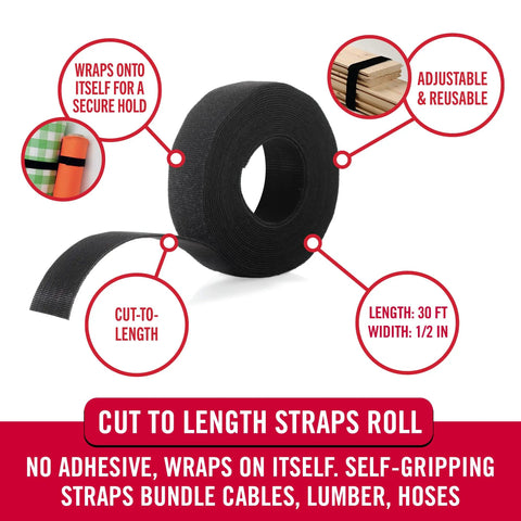 Image of Extra Narrow Self Gripping Cable Straps Half Inch By Thirty Feet Roll Cut To Length Reusable Tape, emphasizing features.