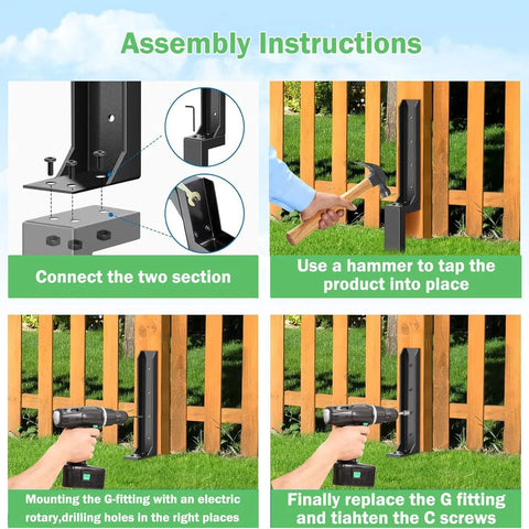 Assembly instructions for Built Different Heavy Duty Steel Fence Post Anchors and Ground Spikes Repair Kit with hammer and tools