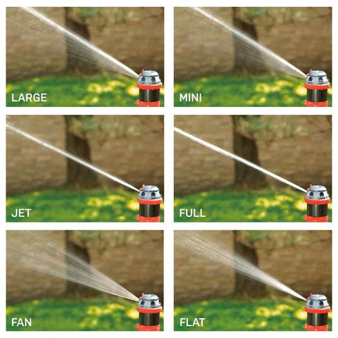 Image showcasing six spray settings of the Badass Rotary Gear Drive Lawn And Garden Sprinkler Head for versatile watering.
