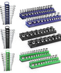 Magnetic Socket And Wrench Organizer Tray Set With Nine Piece That Sticks Like Crazy Three Color Socket Tray One Quarter Inch Three Eighths Inch One Half Inch Drive Keeps SAE And Metric Sockets And Wrenches Ready In Your Tool Box Drawer, shown with black, blue, and green trays holding various sockets.