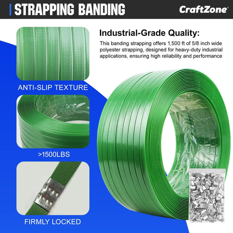 Ready Roll Heavy Duty Poly Strapping Kit With Tensioner And Sealer 5/8 Inch 1000 Foot Coil with green polyester strapping roll.