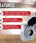 Plug And Play 50 Amp Generator Inlet Box With NEMA SS2-50P, features list and open clamshell cover