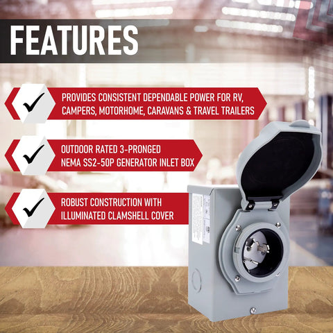 Plug And Play 50 Amp Generator Inlet Box With NEMA SS2-50P, features list and open clamshell cover