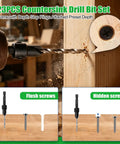 Heavy Duty Countersink Drill Bit Set, 23 Piece Tapered Wood Bits With Plug Cutter, Slick Hex Shank, Adjustable Depth Rings, Pro Workhorse Kit cutting into wood with screw examples.