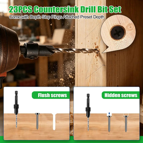 Heavy Duty Countersink Drill Bit Set, 23 Piece Tapered Wood Bits With Plug Cutter, Slick Hex Shank, Adjustable Depth Rings, Pro Workhorse Kit cutting into wood with screw examples.