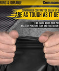 Strong and durable 3 mil black trash bag being stretched, showcasing toughness for construction sites and industrial use.