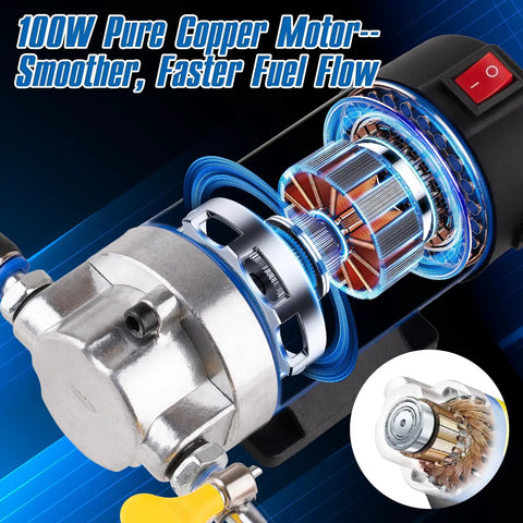 Detailed view of 100W pure copper motor inside Heavy Duty 12V Electric Oil Extractor Pump For Rapid Motor And Transmission Fluid Exchange Uses Dipstick Access For Grease Monkey Free Garage Work On Cars And Small Equipment.