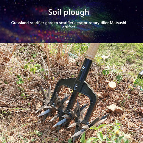 Manual Garden Cultivator With Interchangeable Handheld Scarifier And Handle Attachment used on soil in a grassy area